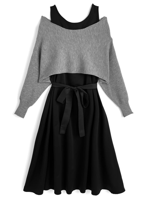 GRL dr883 cross rib knit top and sleeveless flared dress set / 交叉羅紋針織上衣與無袖傘襬洋裝套裝