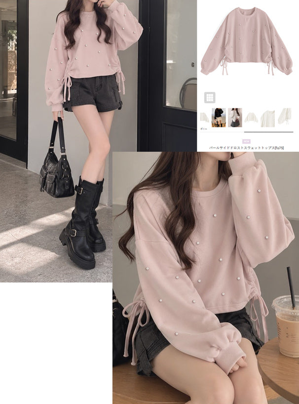Pearl Detail Side Drawstring Sweatshirt Top 珍珠側抽繩衛衣上衣 [fu75] 9