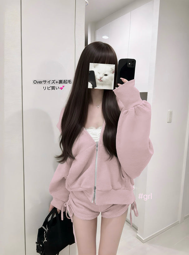 Double-Zip Hoodie and Drawstring Shorts Set 雙向拉鍊連帽上衣抽繩短褲套裝 [ru1543]