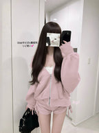 Double-Zip Hoodie and Drawstring Shorts Set 雙向拉鍊連帽上衣抽繩短褲套裝 [ru1543]