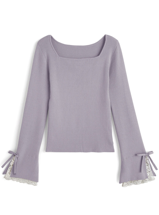 Lace Cuff Bow Square Neck Rib Knit Top ru2003 – image 9