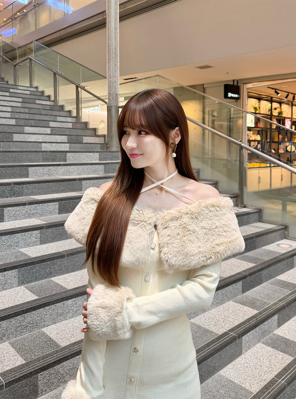 Faux Fur Trim Off-Shoulder Mermaid Knit Dress 仿毛皮拼接露肩魚尾針織連身裙 [ru1850] — 10