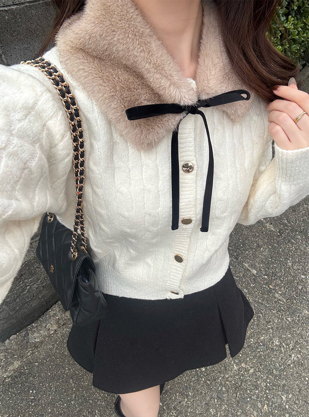 GRL cc130 cable knit cardigan with detachable faux fur tippet 附可拆式仿皮草領巾麻花針織開襟衫 — 10