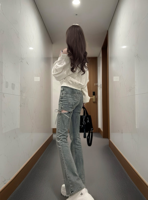 Side Cutout Ribbon Flared Jeans 側鏤空蝴蝶結喇叭牛仔褲 [cu578] 10