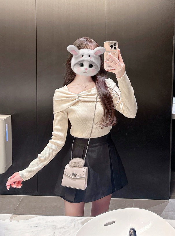 pm830 Bow and Rhinestone Off-Shoulder Rib Knit Top 蝴蝶結水鑽露肩羅紋針織上衣 — 10