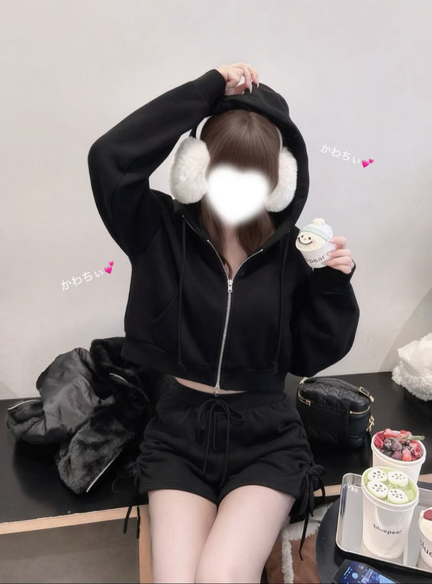 Double-Zip Hoodie and Drawstring Shorts Set 雙向拉鍊連帽上衣抽繩短褲套裝 [ru1543]