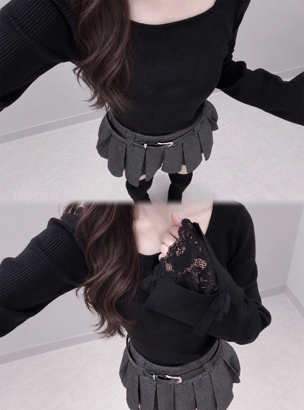 Lace Cuff Bow Square Neck Rib Knit Top ru2003 – image 10