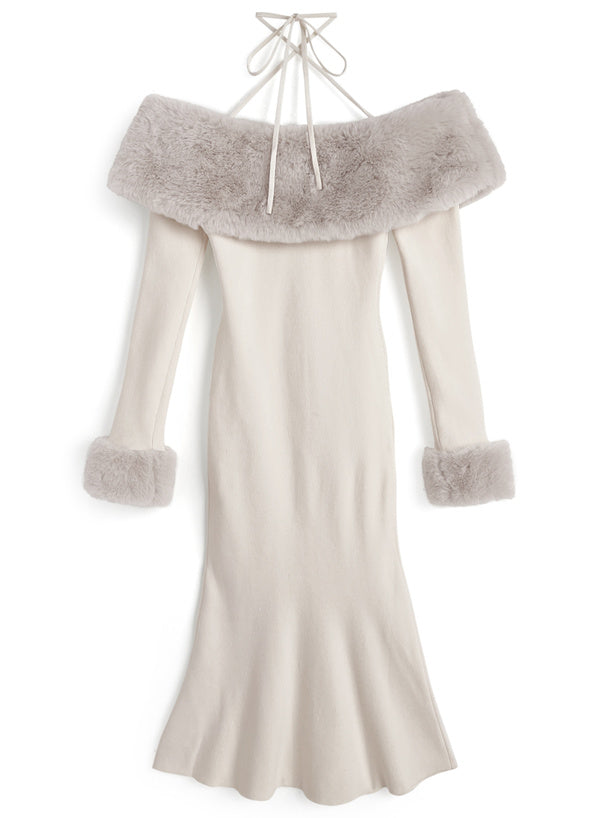 Faux Fur Trim Off-Shoulder Mermaid Knit Dress 仿毛皮拼接露肩魚尾針織連身裙 [ru1850] — 11