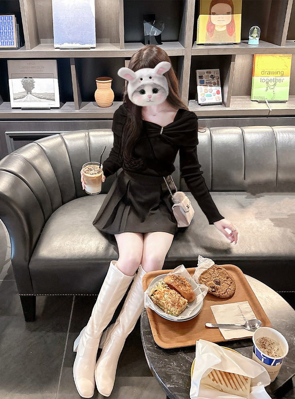 pm830 Bow and Rhinestone Off-Shoulder Rib Knit Top 蝴蝶結水鑽露肩羅紋針織上衣 — 11