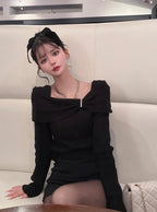 pm830 Bow and Rhinestone Off-Shoulder Rib Knit Top 蝴蝶結水鑽露肩羅紋針織上衣 — 12
