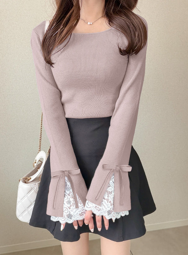 Lace Cuff Bow Square Neck Rib Knit Top ru2003 – image 12