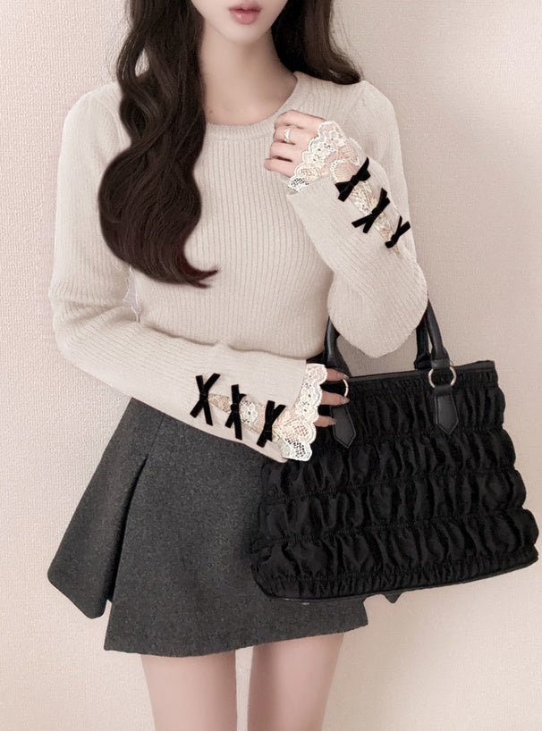 Ribbon Lace Rib Knit Top 蝴蝶結蕾絲羅紋針織上衣 [pm791a] — 13