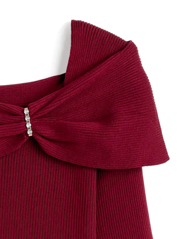 pm830 Bow and Rhinestone Off-Shoulder Rib Knit Top 蝴蝶結水鑽露肩羅紋針織上衣 — 13