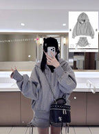 Double-Zip Hoodie and Drawstring Shorts Set 雙向拉鍊連帽上衣抽繩短褲套裝 [ru1543]