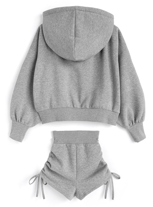 Double-Zip Hoodie and Drawstring Shorts Set 雙向拉鍊連帽上衣抽繩短褲套裝 [ru1543]