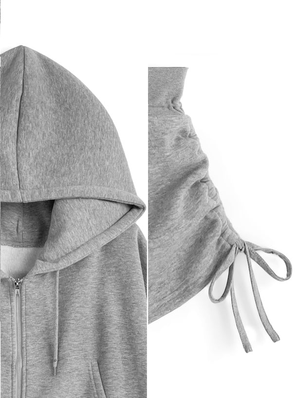 Double-Zip Hoodie and Drawstring Shorts Set 雙向拉鍊連帽上衣抽繩短褲套裝 [ru1543]