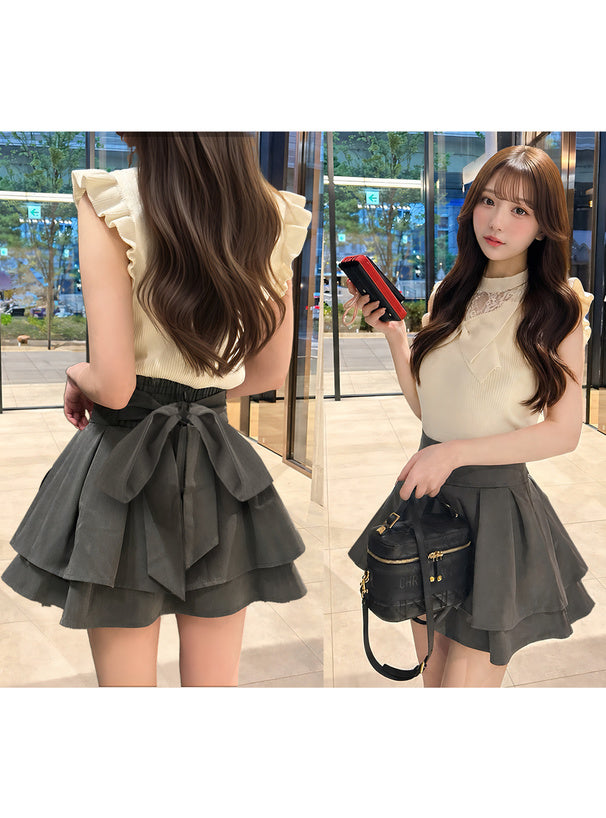 Back ribbon double flare mini skirt with shorts lining 後綁蝴蝶結雙層傘襬安全褲襯裡迷你裙 [ai270] — image 1