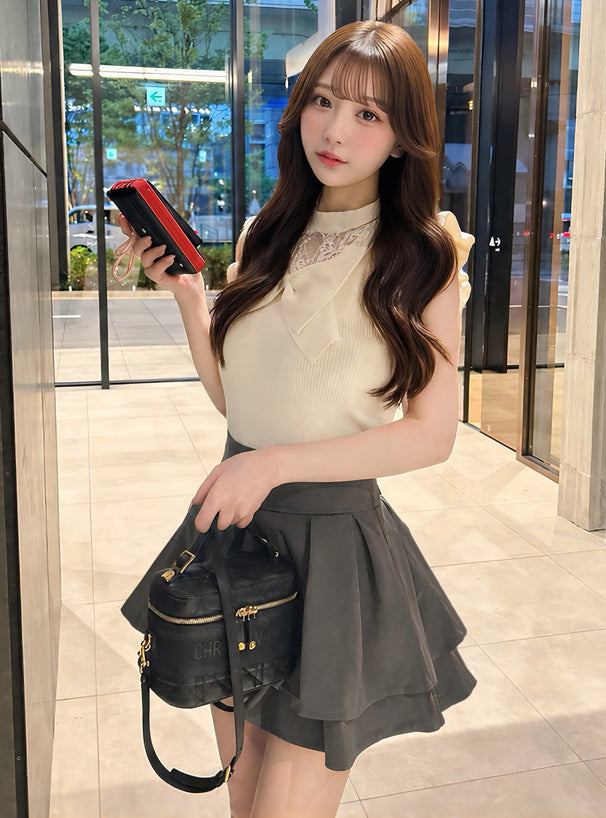 Back ribbon double flare mini skirt with shorts lining 後綁蝴蝶結雙層傘襬安全褲襯裡迷你裙 [ai270] — image 3