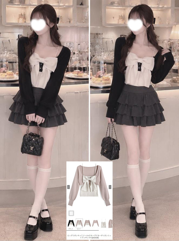 Big Bow Camisole and Cropped Cardigan Knit Set 大蝴蝶結吊帶背心與短版開襟衫針織套裝 [an2028] 1