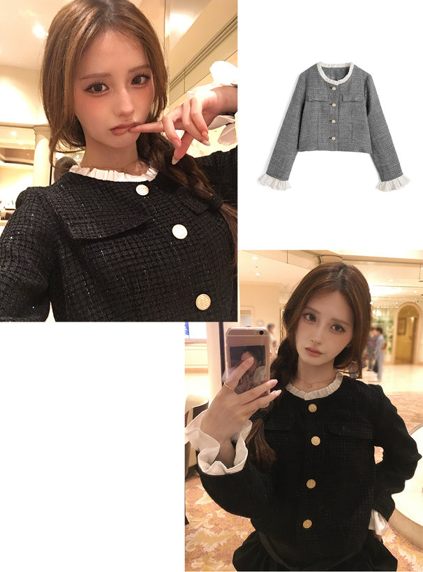 Glitter Tweed Ruffle Collarless Jacket 亮蔥粗花呢荷葉邊無領外套 [dk1772] 1