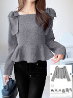 GRL dk1776 Shoulder Bow Tweed-Style Peplum Top 肩蝴蝶結花呢風荷葉襬上衣 1