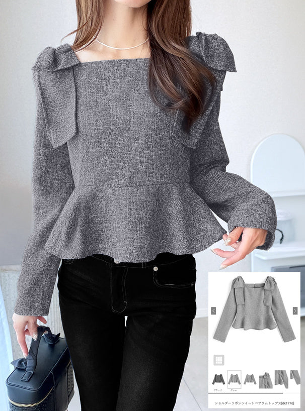 GRL dk1776 Shoulder Bow Tweed-Style Peplum Top 肩蝴蝶結花呢風荷葉襬上衣 1