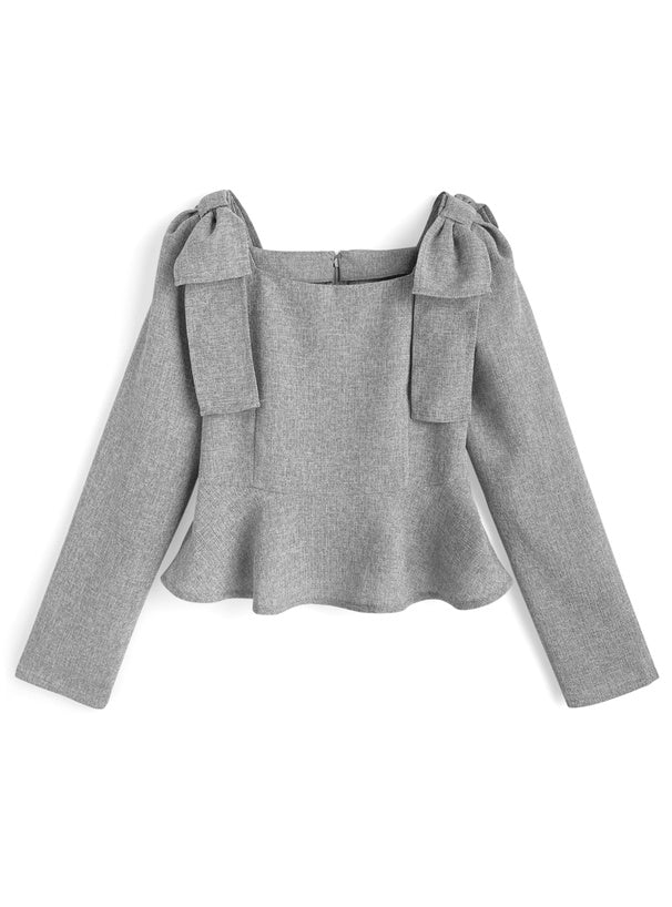 GRL dk1776 Shoulder Bow Tweed-Style Peplum Top 肩蝴蝶結花呢風荷葉襬上衣 4