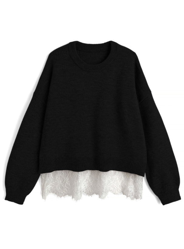 dpk505 Lace-Hem Oversized Knit Top 蕾絲拼接寬鬆針織上衣 — image 2