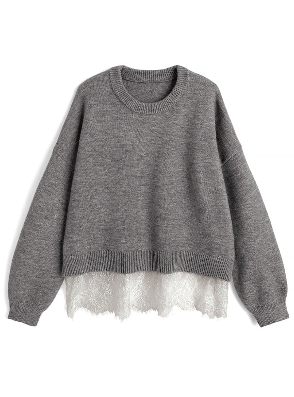 dpk505 Lace-Hem Oversized Knit Top 蕾絲拼接寬鬆針織上衣 — image 1