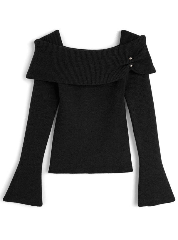 Pearl-Accent Off-Shoulder Knit Top 珍珠點綴露肩針織上衣 [fs43] 4