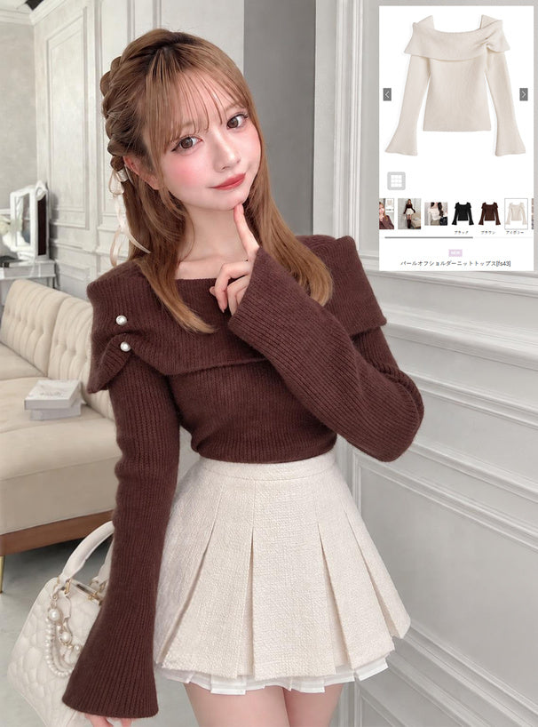 Pearl-Accent Off-Shoulder Knit Top 珍珠點綴露肩針織上衣 [fs43] 1