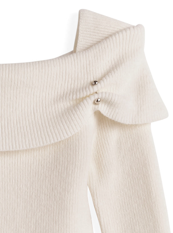 Pearl-Accent Off-Shoulder Knit Top 珍珠點綴露肩針織上衣 [fs43] 10