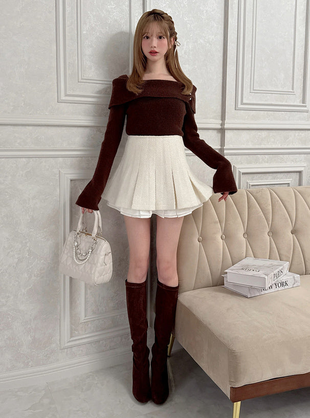 Pearl-Accent Off-Shoulder Knit Top 珍珠點綴露肩針織上衣 [fs43] 2