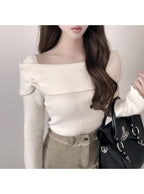 Pearl-Accent Off-Shoulder Knit Top 珍珠點綴露肩針織上衣 [fs43] 3