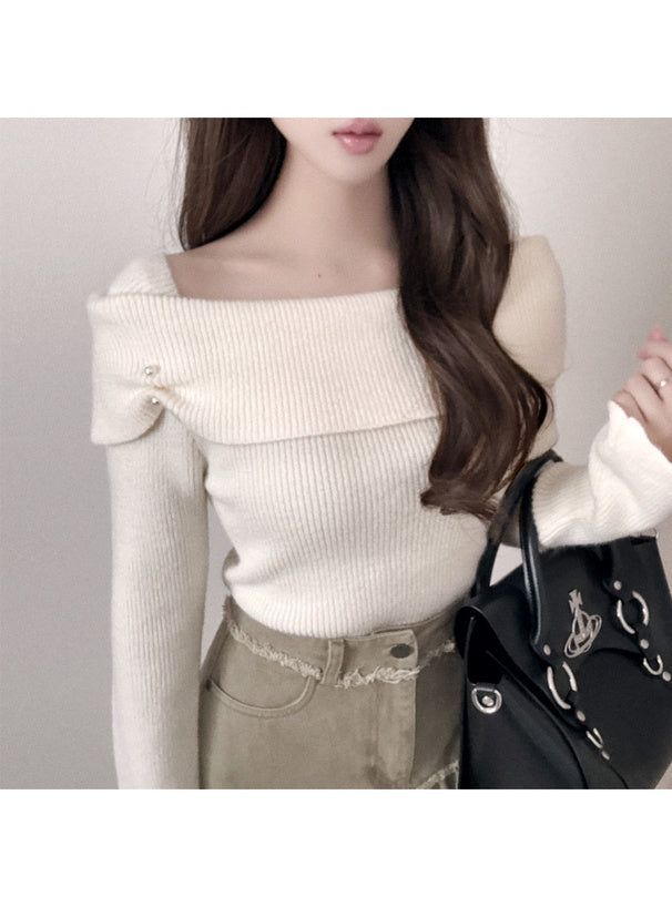 Pearl-Accent Off-Shoulder Knit Top 珍珠點綴露肩針織上衣 [fs43] 3