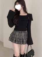 Pearl-Accent Off-Shoulder Knit Top 珍珠點綴露肩針織上衣 [fs43] 7