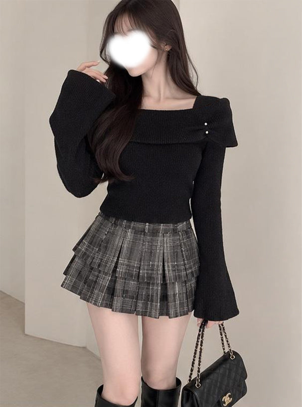 Pearl-Accent Off-Shoulder Knit Top 珍珠點綴露肩針織上衣 [fs43] 7