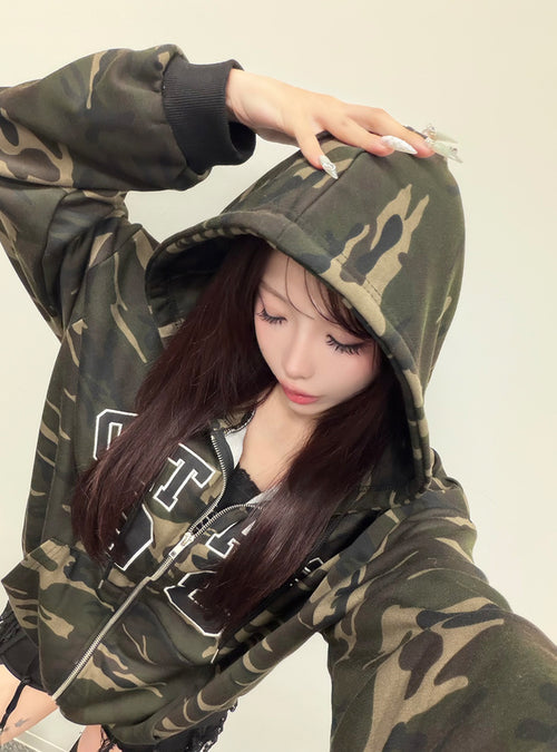 Camouflage double-zip sweatshirt hoodie 迷彩雙拉鏈衛衣連帽上衣