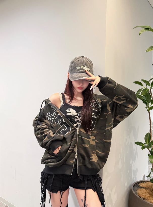 Camouflage double-zip sweatshirt hoodie 迷彩雙拉鏈衛衣連帽上衣