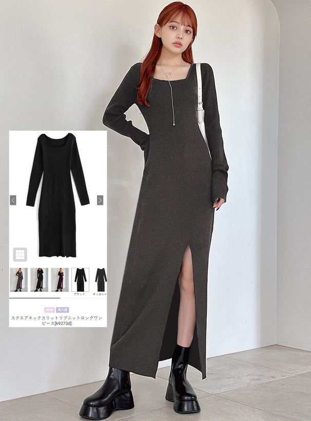 Square Neck Slit Ribbed Knit Long Dress 方領開衩羅紋針織長洋裝 [k9273d] — 1