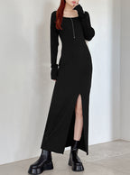 Square Neck Slit Ribbed Knit Long Dress 方領開衩羅紋針織長洋裝 [k9273d] — 2