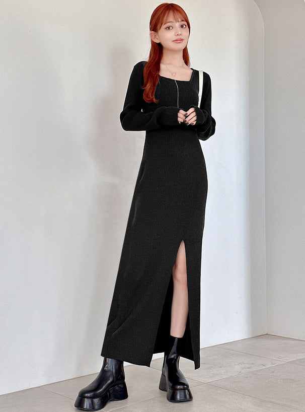 Square Neck Slit Ribbed Knit Long Dress 方領開衩羅紋針織長洋裝 [k9273d] — 3