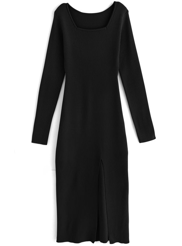 Square Neck Slit Ribbed Knit Long Dress 方領開衩羅紋針織長洋裝 [k9273d] — 4