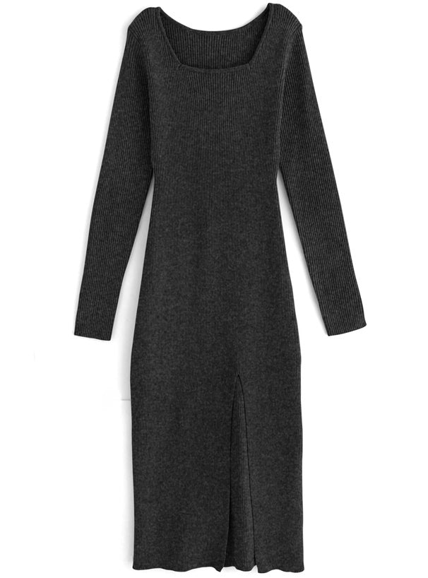 Square Neck Slit Ribbed Knit Long Dress 方領開衩羅紋針織長洋裝 [k9273d] — 5