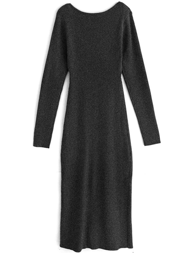 Square Neck Slit Ribbed Knit Long Dress 方領開衩羅紋針織長洋裝 [k9273d] — 6