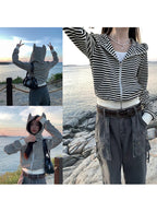 Animal-Ear Striped Zip Hoodie 動物耳朵條紋拉鍊連帽上衣 [ks291] — image 圖片 1