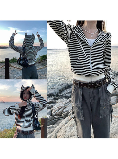 Animal-Ear Striped Zip Hoodie 動物耳朵條紋拉鍊連帽上衣 [ks291] — image 圖片 1