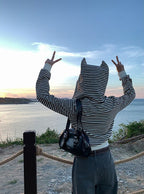 Animal-Ear Striped Zip Hoodie 動物耳朵條紋拉鍊連帽上衣 [ks291] — image 圖片 2