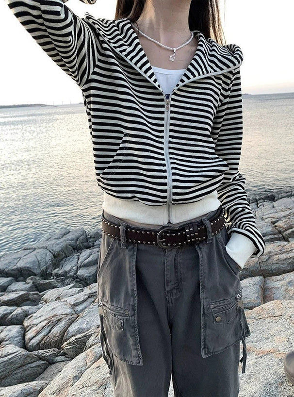 Animal-Ear Striped Zip Hoodie 動物耳朵條紋拉鍊連帽上衣 [ks291] — image 圖片 3