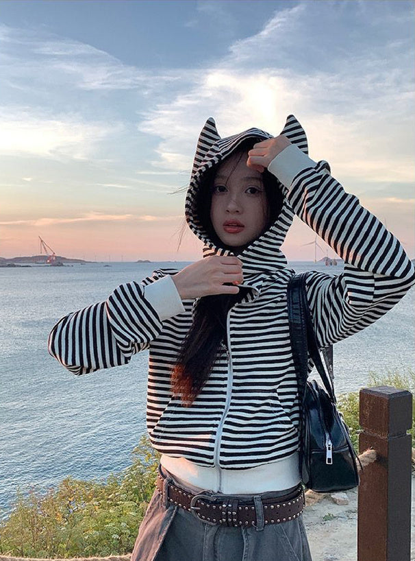 Animal-Ear Striped Zip Hoodie 動物耳朵條紋拉鍊連帽上衣 [ks291] — image 圖片 5